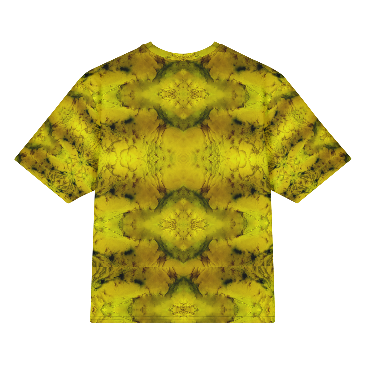 Back view of Purely Jade Light Cotton OverSized T-Shirt with bright yellow jade chambers, moss-green veining, and large mirrored medallions by RJSTH.