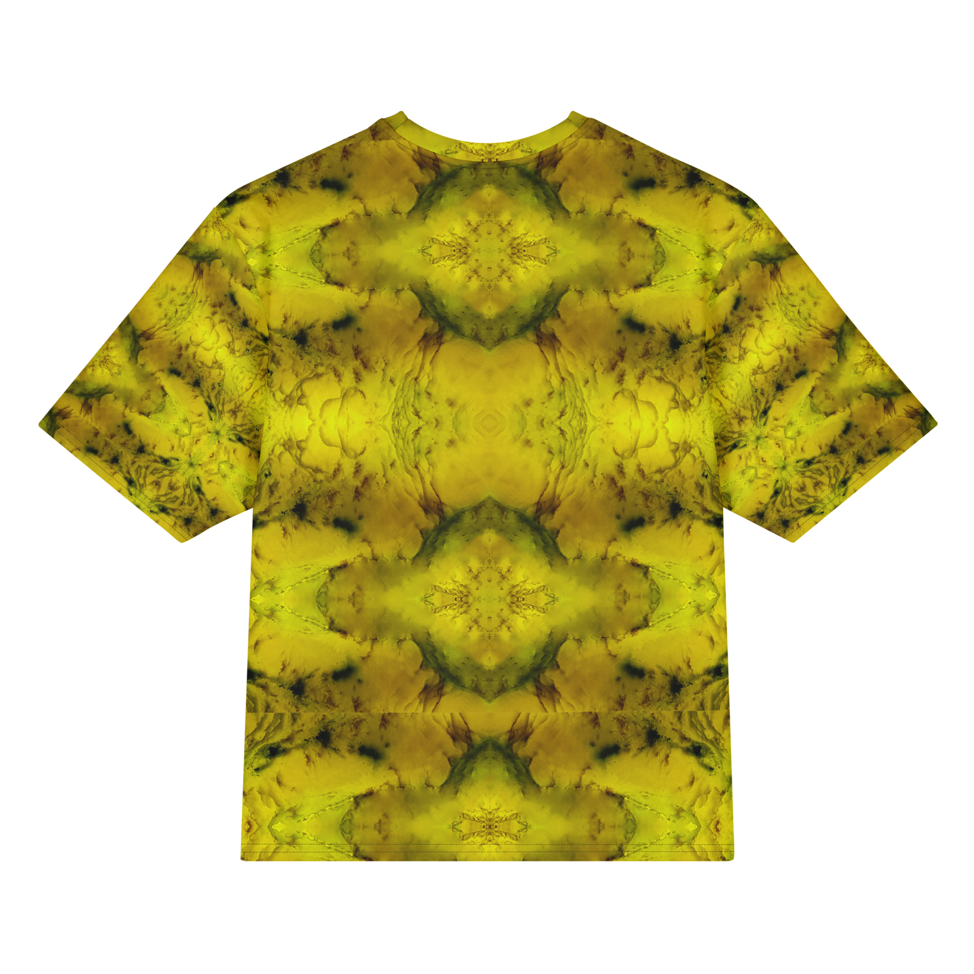 Back view of Purely Jade Light Cotton OverSized T-Shirt with bright yellow jade chambers, moss-green veining, and large mirrored medallions by RJSTH.