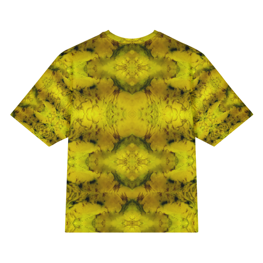 Back view of Purely Jade Light Cotton OverSized T-Shirt with bright yellow jade chambers, moss-green veining, and large mirrored medallions by RJSTH.