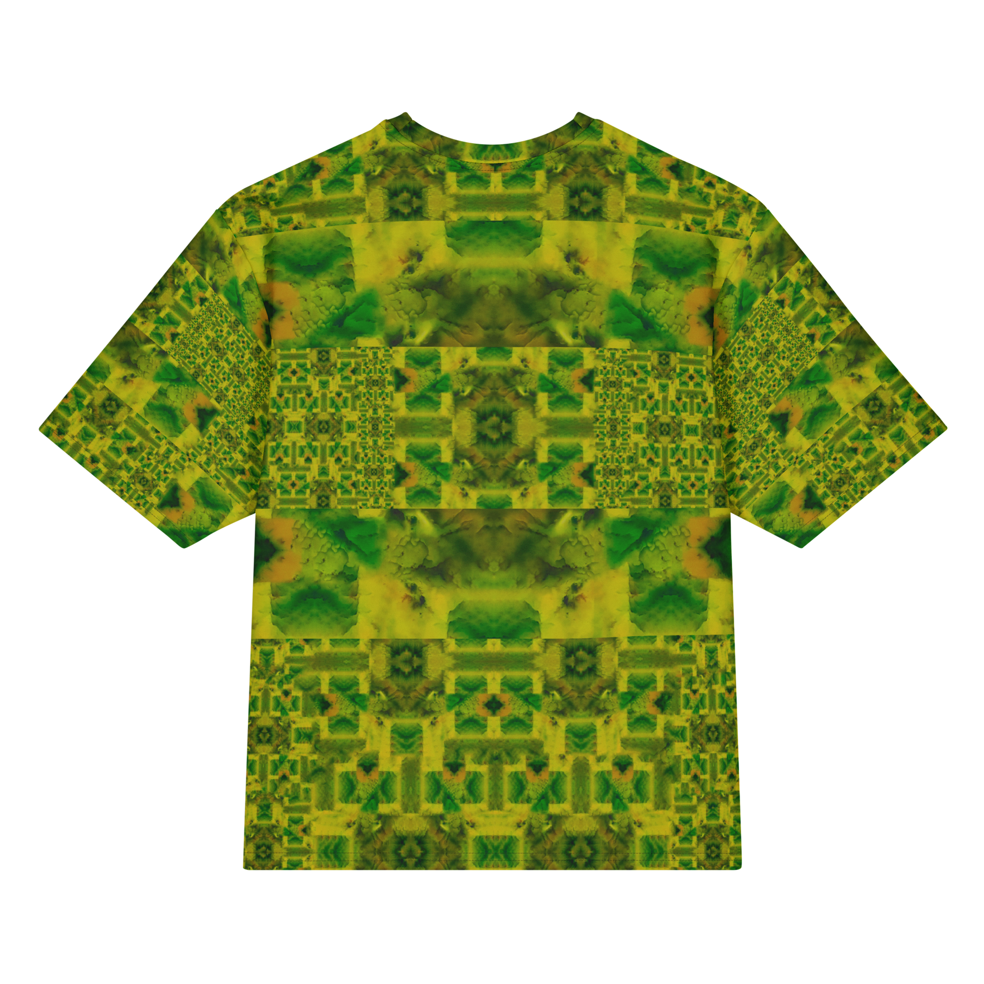 Back view of Purely Jade Light Cotton OverSized T-Shirt with green-and-gold blocky jade panels, square lattice sleeves, and horizontal banding by RJSTH.