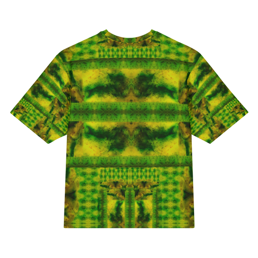 Back view of Purely Jade Light Cotton OverSized T-Shirt with green-gold horizontal jade chamber bands, dark central shapes, and striped sleeves by RJSTH.