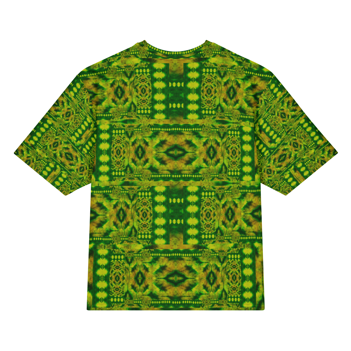 Back view of Purely Jade Light Cotton OverSized T-Shirt with green-yellow lattice blocks, vertical medallion panels, and dotted horizontal bands by RJSTH.