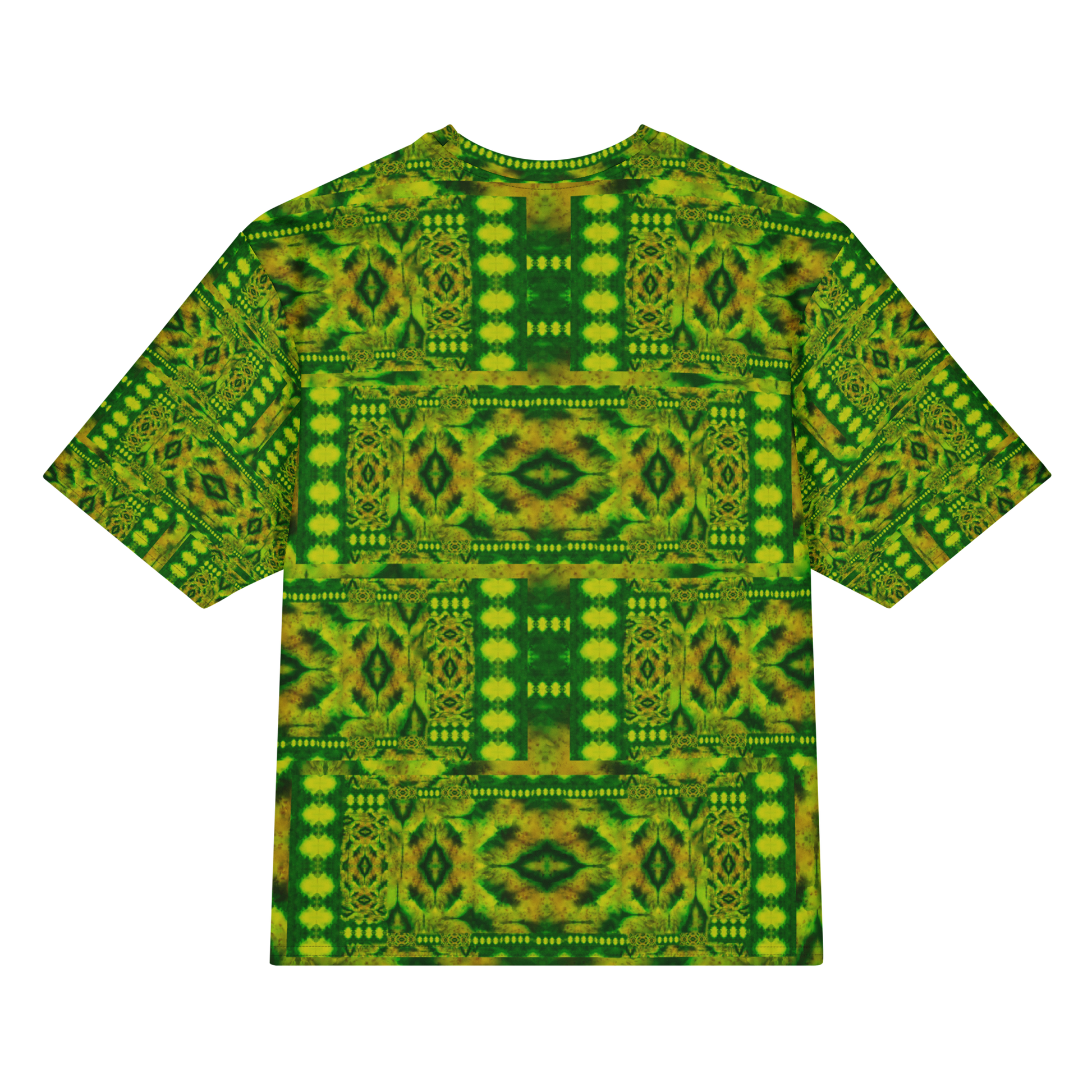 Back view of Purely Jade Light Cotton OverSized T-Shirt with green-yellow lattice blocks, vertical medallion panels, and dotted horizontal bands by RJSTH.