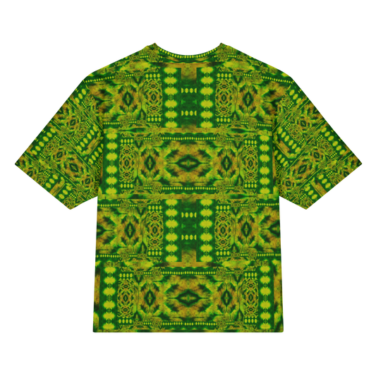 Back view of Purely Jade Light Cotton OverSized T-Shirt with green-yellow lattice blocks, vertical medallion panels, and dotted horizontal bands by RJSTH.