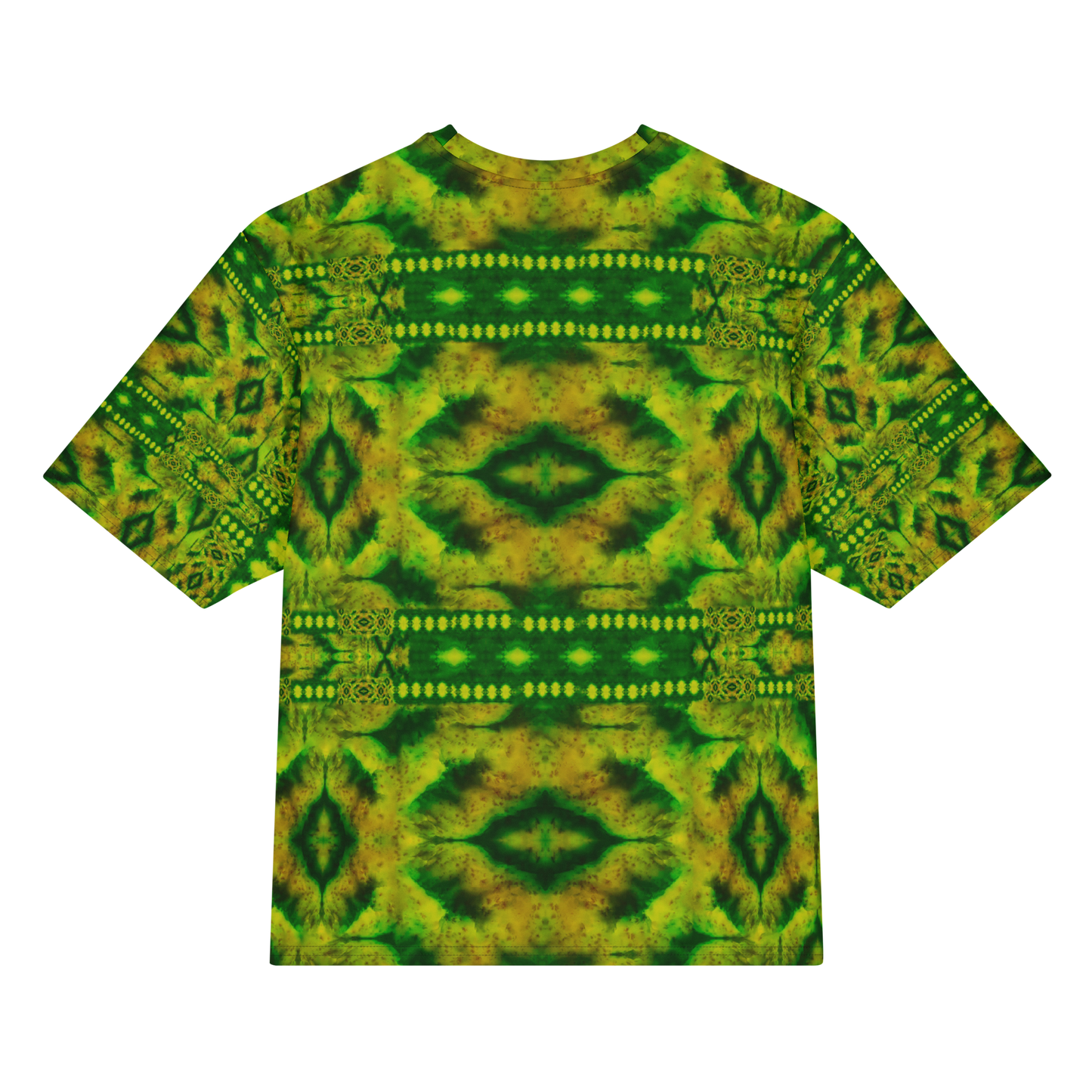 Back view of Purely Jade Light Cotton OverSized T-Shirt with green-yellow jade field, dark mirrored center panels, dotted horizontal bands, and patterned sleeves by RJSTH.