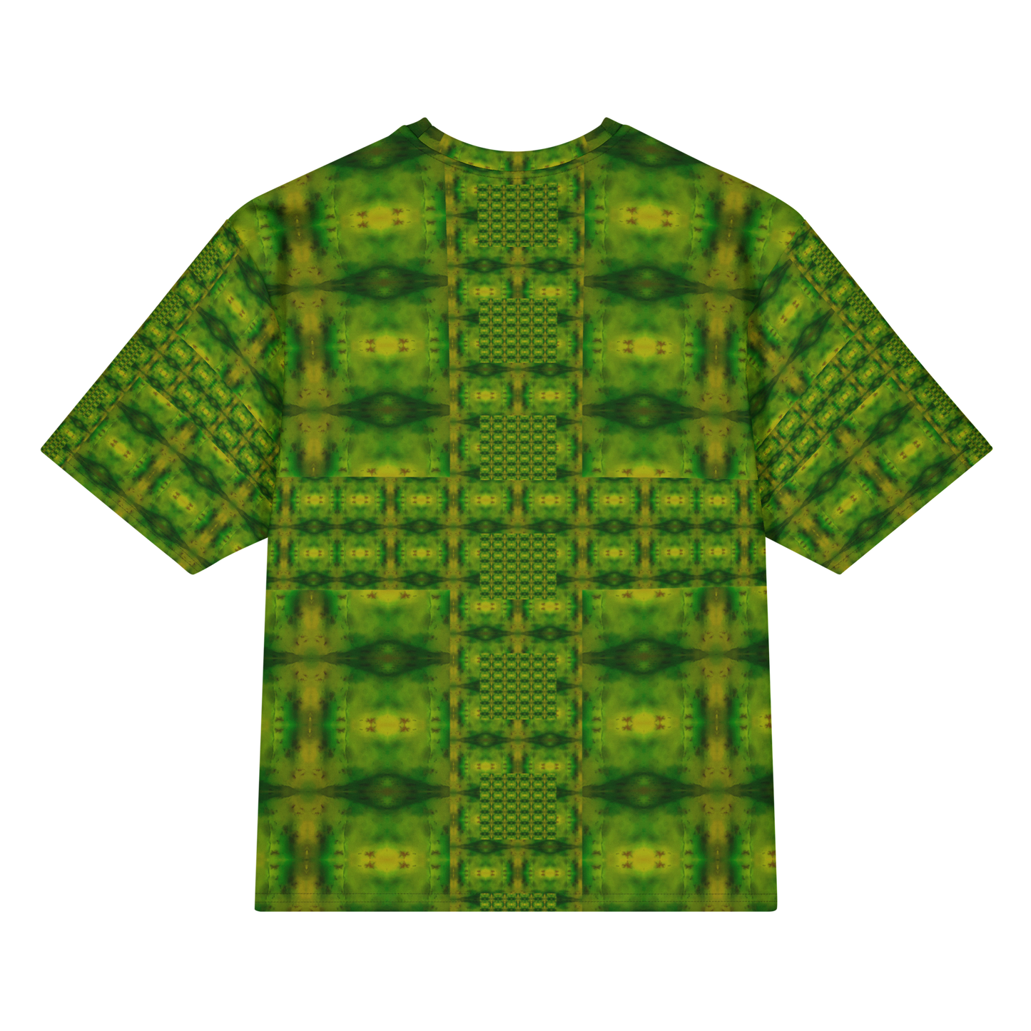 Back view of Purely Jade Light Cotton OverSized T-Shirt with green-dominant grid panels, central lattice column, and patterned sleeve panels by RJSTH.