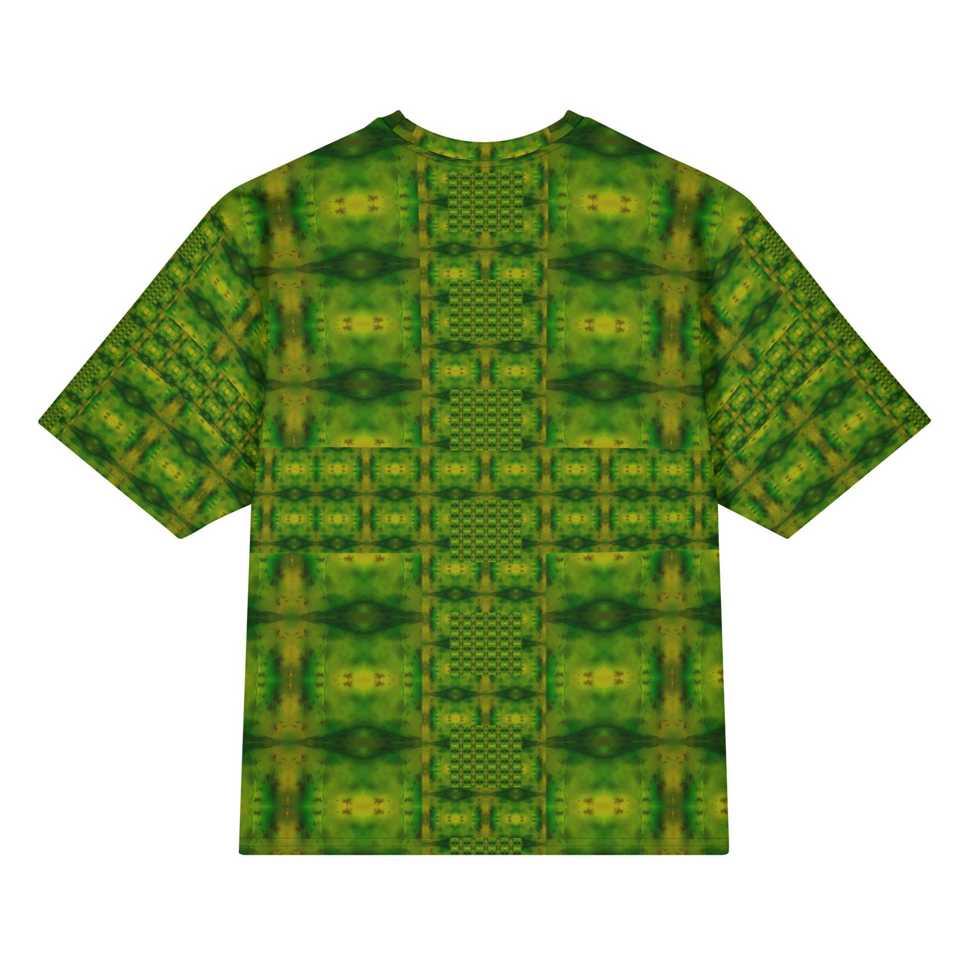 Back view of Purely Jade Light Cotton OverSized T-Shirt with green-dominant grid panels, central lattice column, and patterned sleeve panels by RJSTH.
