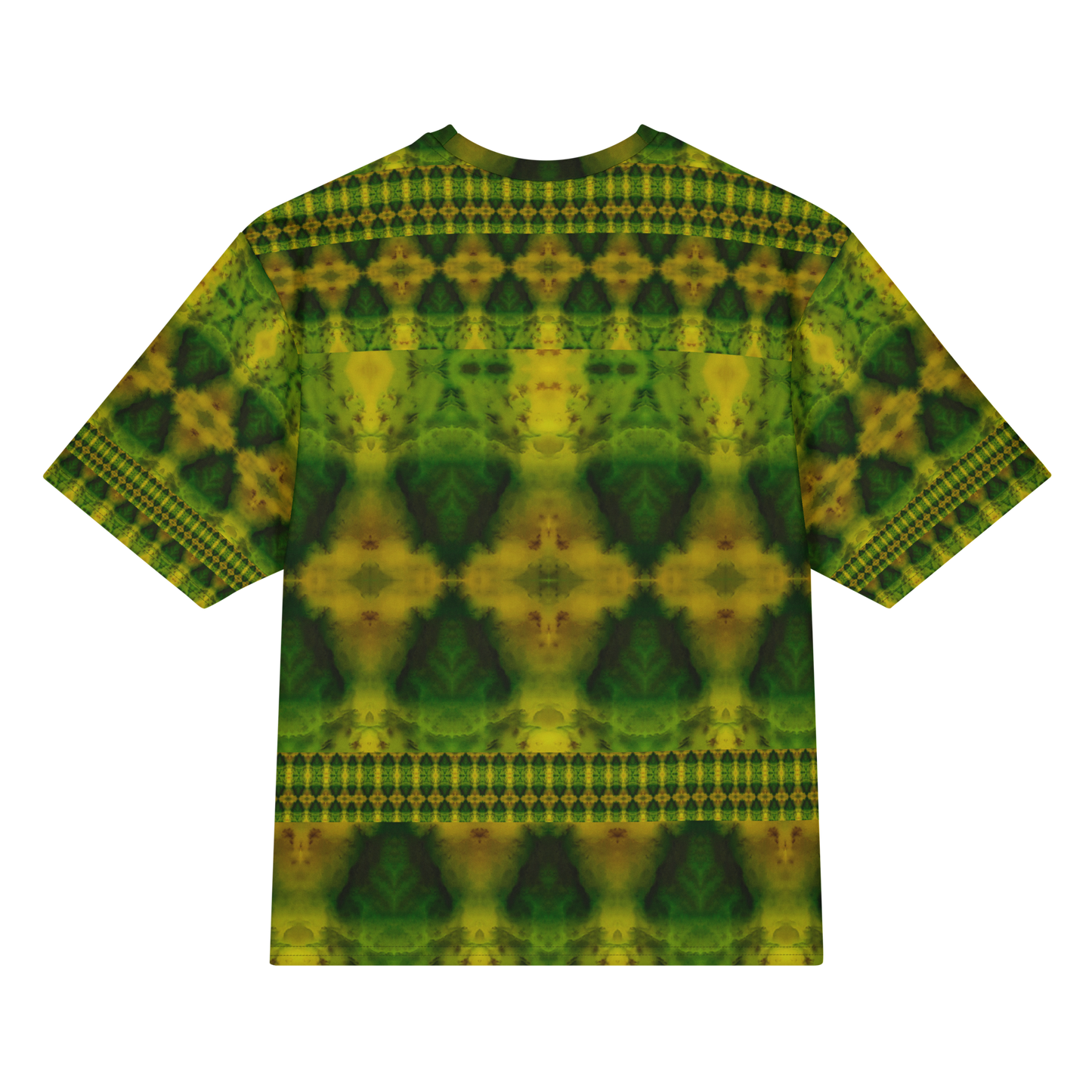 Back view of Purely Jade Light Cotton OverSized T-Shirt with green-yellow mirrored diamond fields, horizontal dotted bands, and patterned sleeve panels by RJSTH.