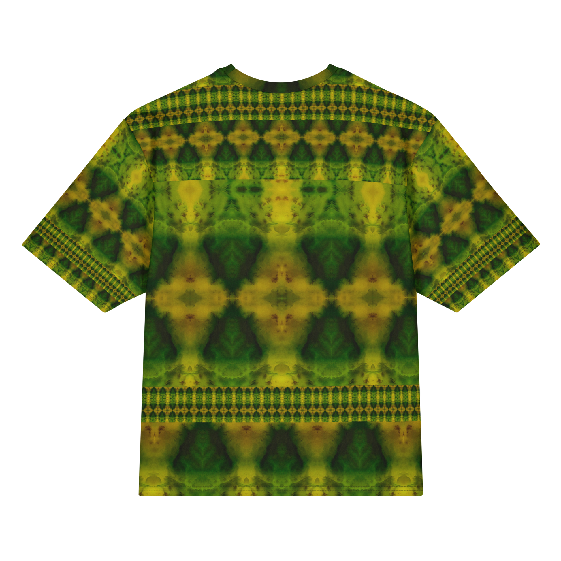 Back view of Purely Jade Light Cotton OverSized T-Shirt with green-yellow mirrored diamond fields, horizontal dotted bands, and patterned sleeve panels by RJSTH.