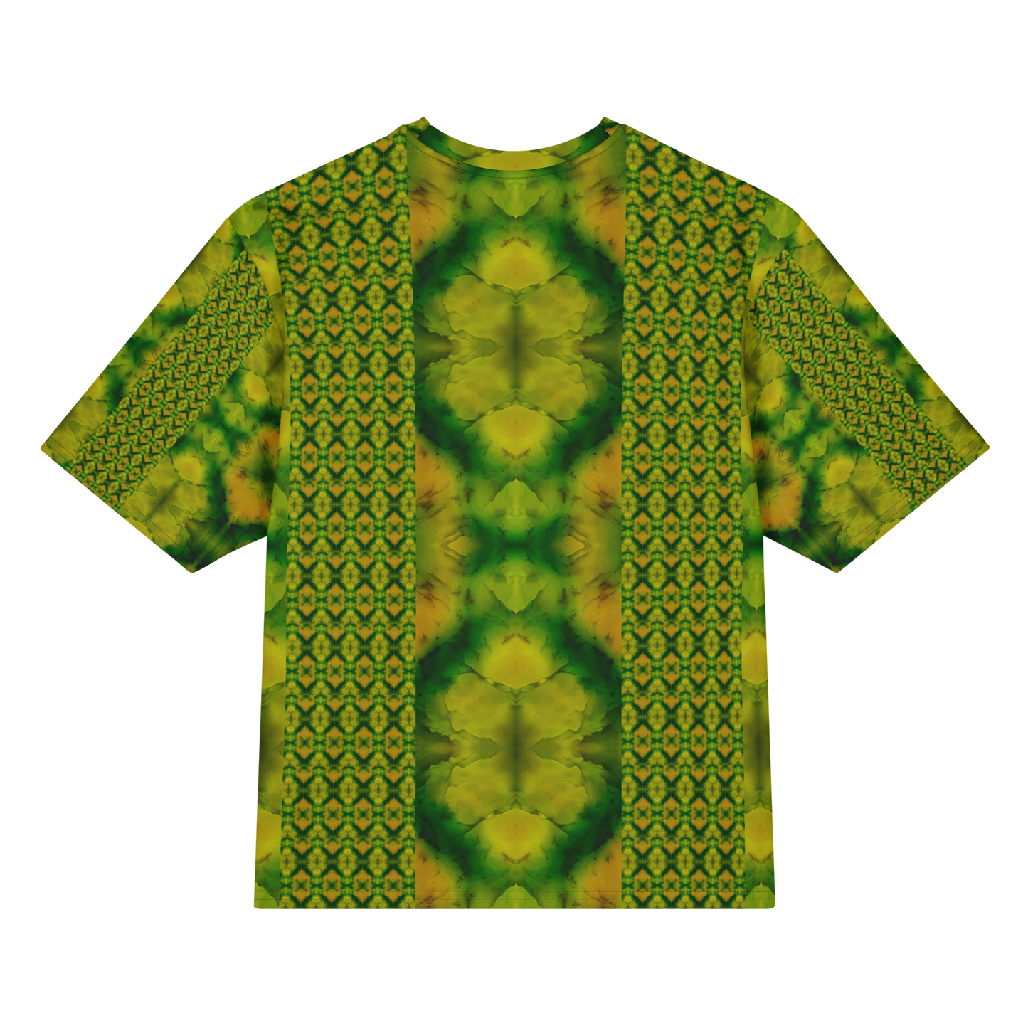 Back view of Purely Jade Light Cotton OverSized T-Shirt with vertical patterned lattice columns, soft central jade plume field, and patterned sleeve panels by RJSTH.