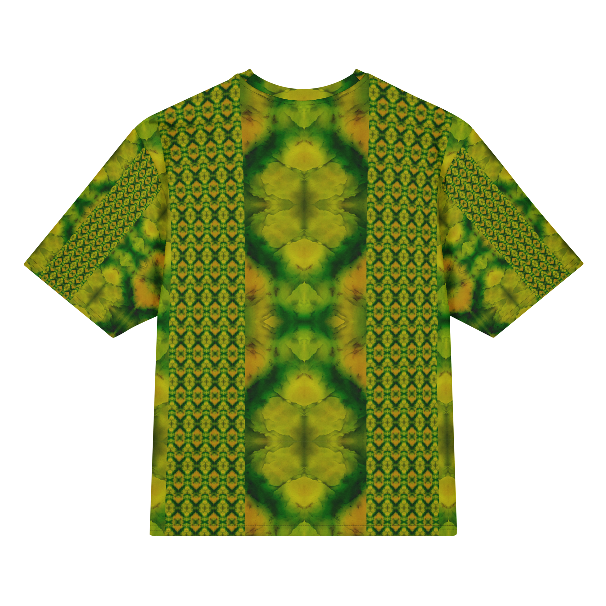 Back view of Purely Jade Light Cotton OverSized T-Shirt with vertical patterned lattice columns, soft central jade plume field, and patterned sleeve panels by RJSTH.