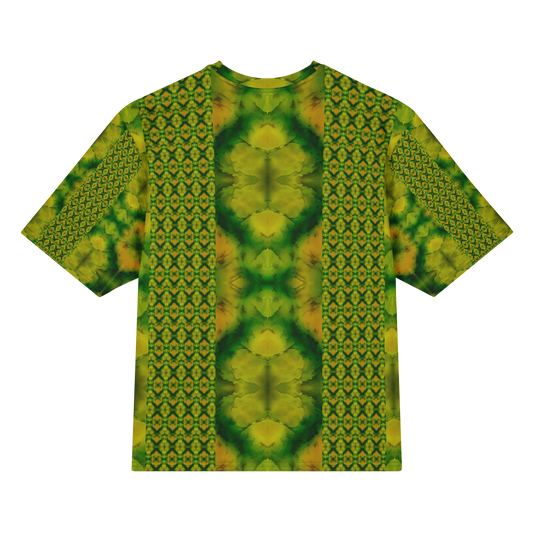 Back view of Purely Jade Light Cotton OverSized T-Shirt with vertical patterned lattice columns, soft central jade plume field, and patterned sleeve panels by RJSTH.