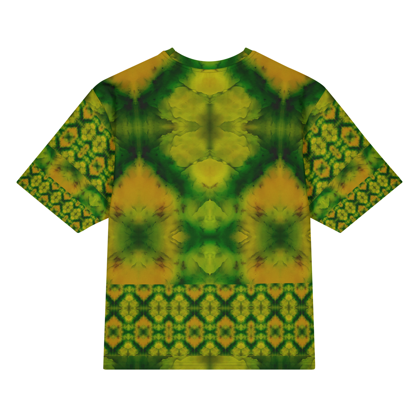 Back view of Purely Jade Light Cotton OverSized T-Shirt with green-yellow mirrored plume field, lower diamond lattice band, and patterned sleeve panels by RJSTH.