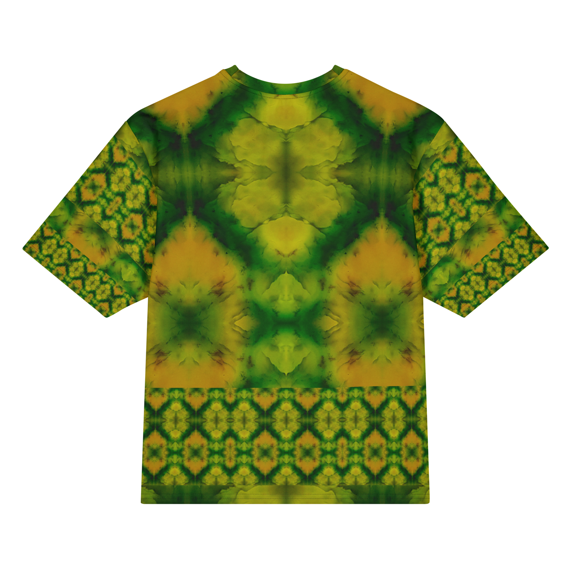 Back view of Purely Jade Light Cotton OverSized T-Shirt with green-yellow mirrored plume field, lower diamond lattice band, and patterned sleeve panels by RJSTH.