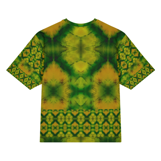 Back view of Purely Jade Light Cotton OverSized T-Shirt with green-yellow mirrored plume field, lower diamond lattice band, and patterned sleeve panels by RJSTH.