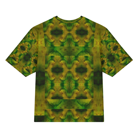 Back view of Purely Jade Light Cotton OverSized T-Shirt with green-gold chambered panel, darker centered jade forms, and patterned sleeve panels by RJSTH.