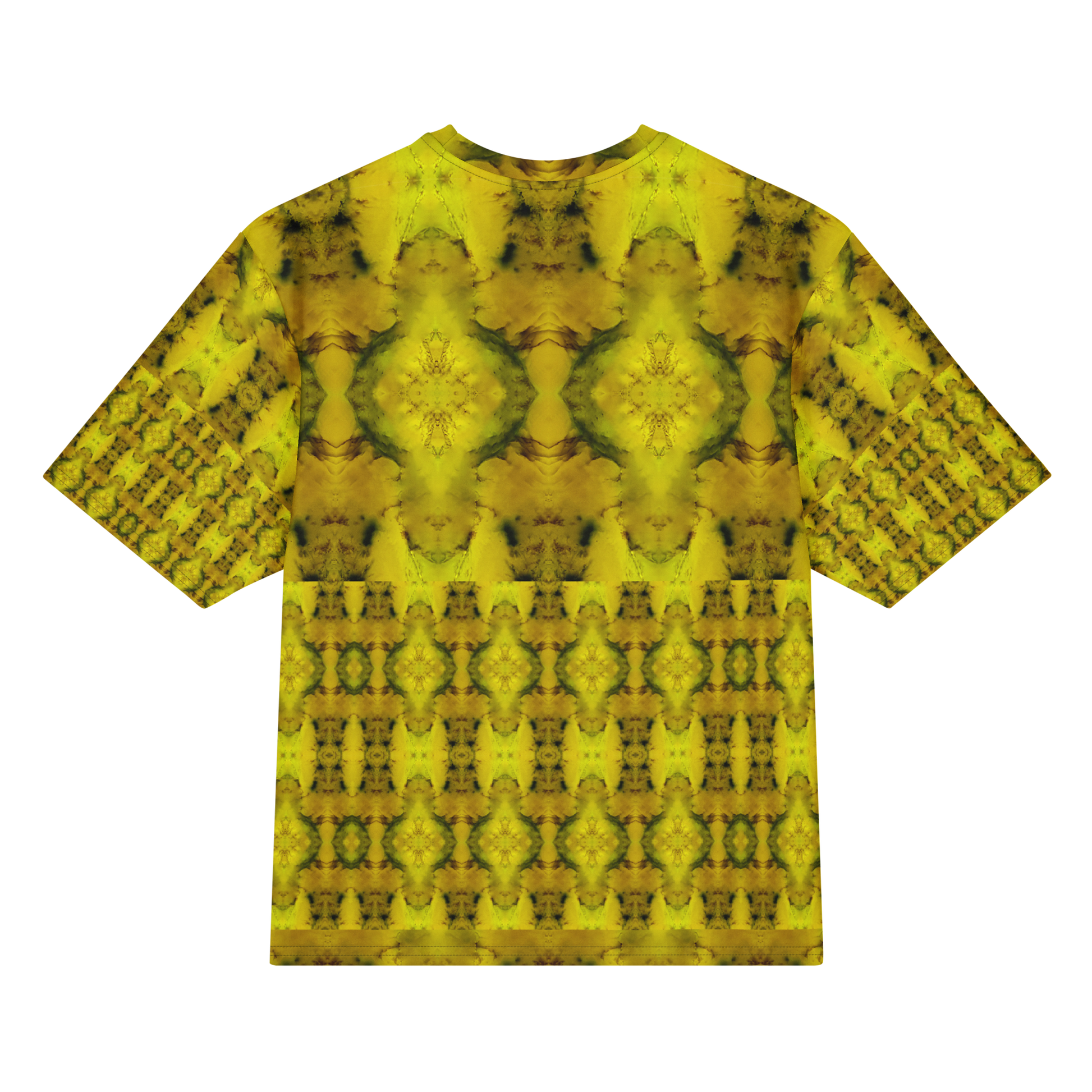Back view of Purely Jade Light Cotton OverSized T-Shirt with yellow-gold jade medallion field, lower lattice band, and patterned sleeve panels by RJSTH.