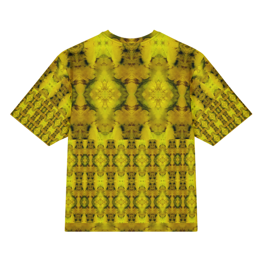 Back view of Purely Jade Light Cotton OverSized T-Shirt with yellow-gold jade medallion field, lower lattice band, and patterned sleeve panels by RJSTH.