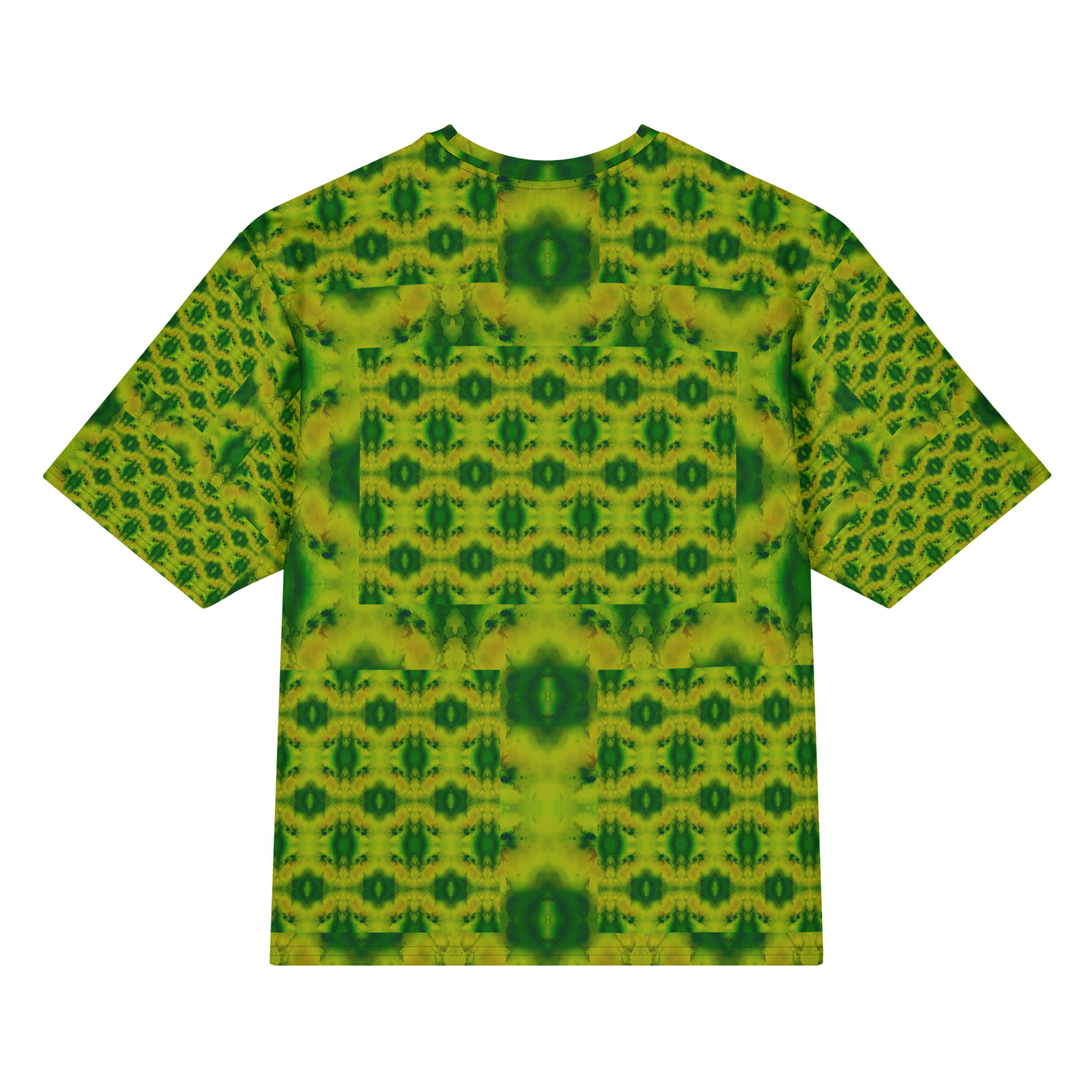 Back view of Purely Jade Light Cotton OverSized T-Shirt with yellow-green medallion grid, central dark jade accents, and patterned sleeve panels by RJSTH.
