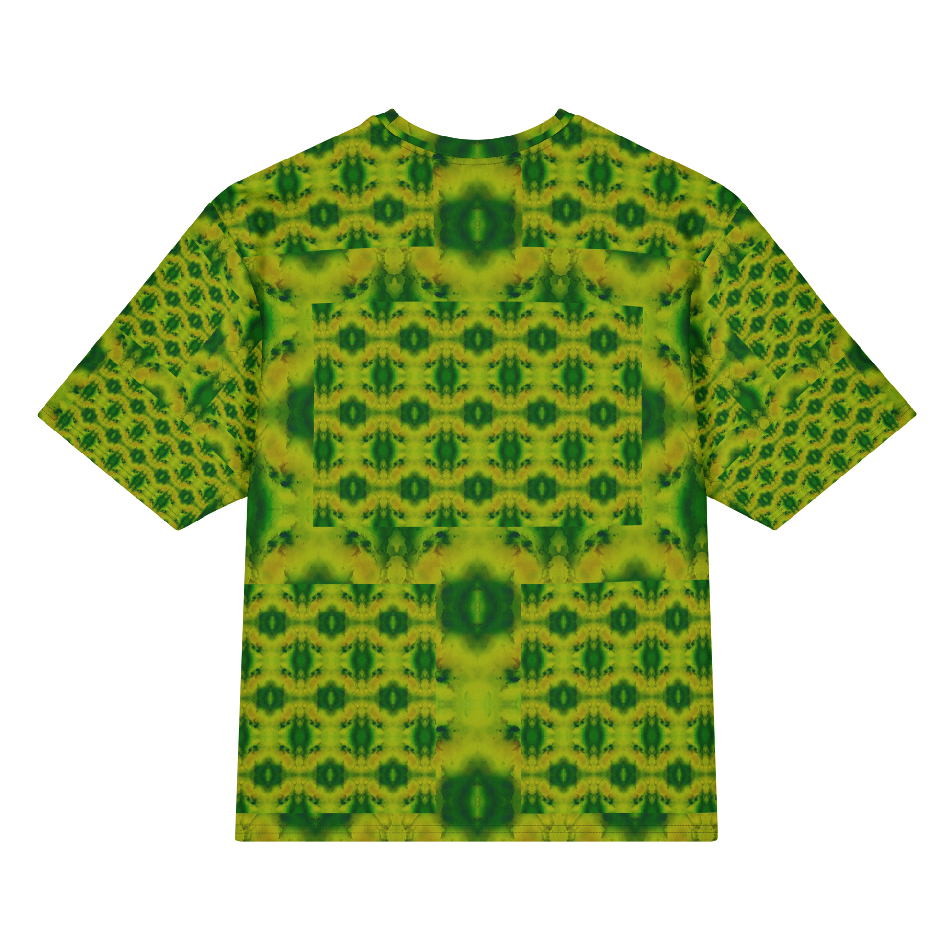 Back view of Purely Jade Light Cotton OverSized T-Shirt with yellow-green medallion grid, central dark jade accents, and patterned sleeve panels by RJSTH.
