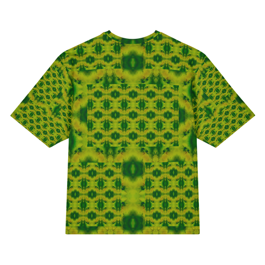 Back view of Purely Jade Light Cotton OverSized T-Shirt with yellow-green medallion grid, central dark jade accents, and patterned sleeve panels by RJSTH.