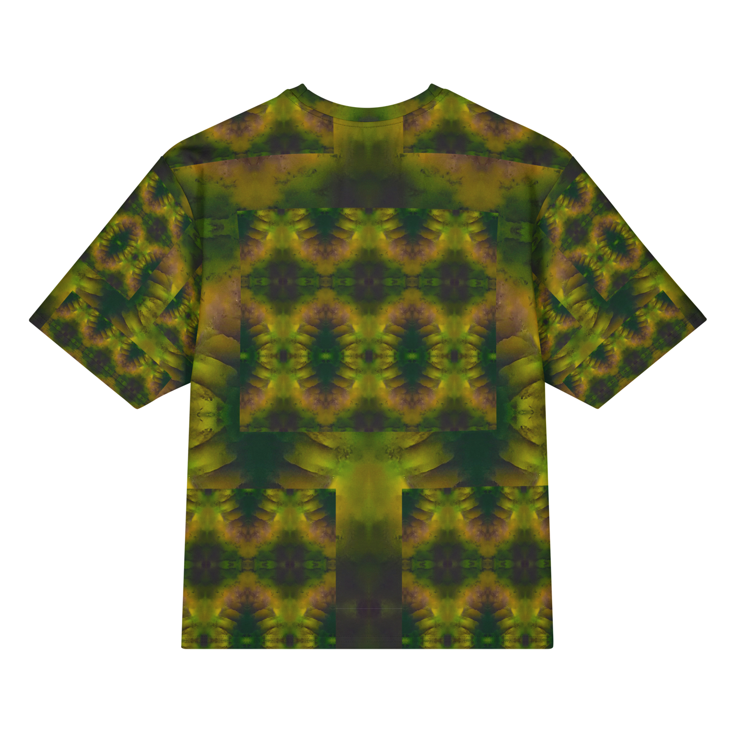 Back view of Purely Jade Light Cotton OverSized T-Shirt with darker green jade field, gold-purple mineral blooms, and patterned sleeve panels by RJSTH.