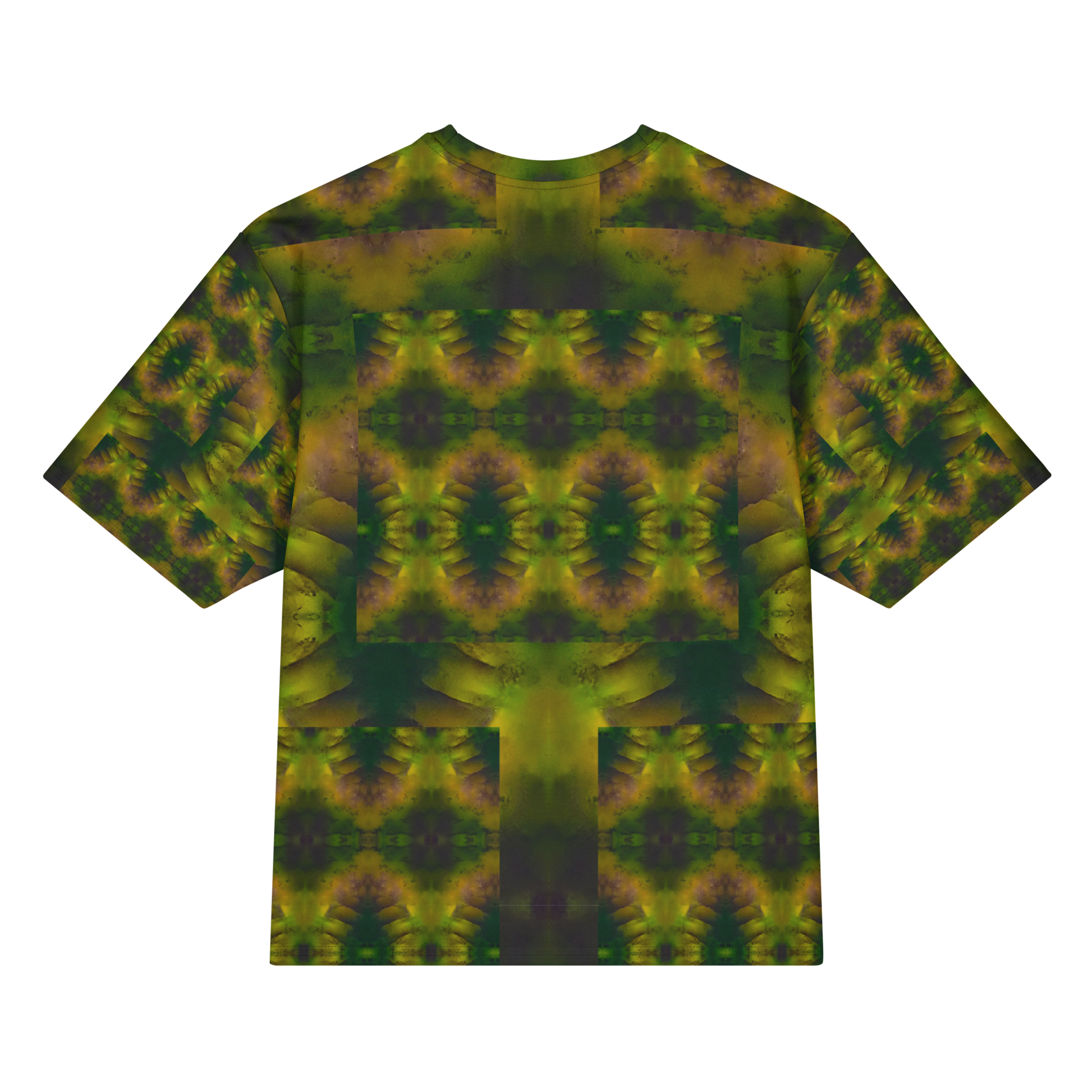 Back view of Purely Jade Light Cotton OverSized T-Shirt with darker green jade field, gold-purple mineral blooms, and patterned sleeve panels by RJSTH.