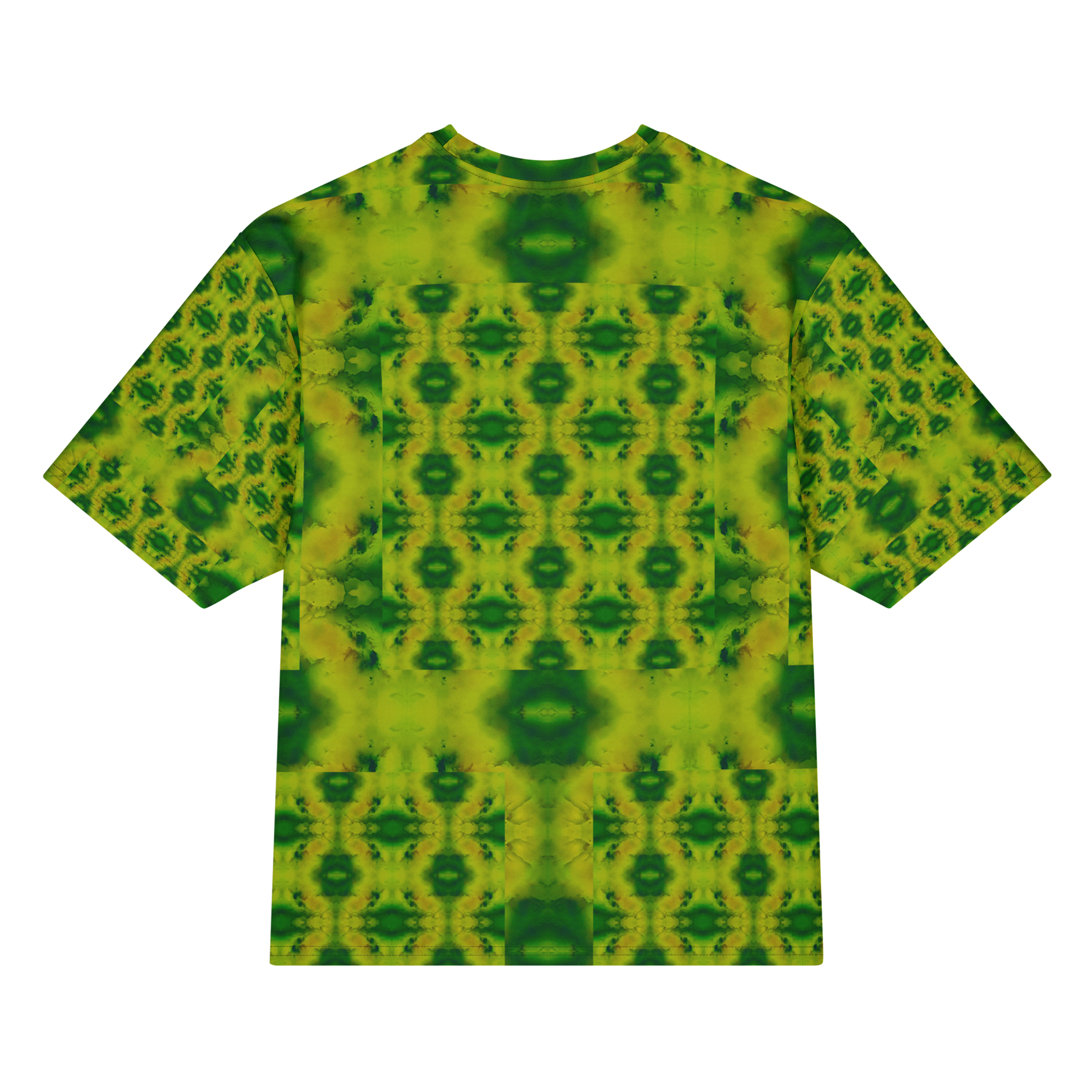 Back view of Purely Jade Light Cotton OverSized T-Shirt with yellow-green medallion grid, darker green center accents, and patterned sleeve panels by RJSTH.