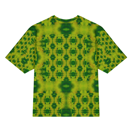 Back view of Purely Jade Light Cotton OverSized T-Shirt with yellow-green medallion grid, darker green center accents, and patterned sleeve panels by RJSTH.