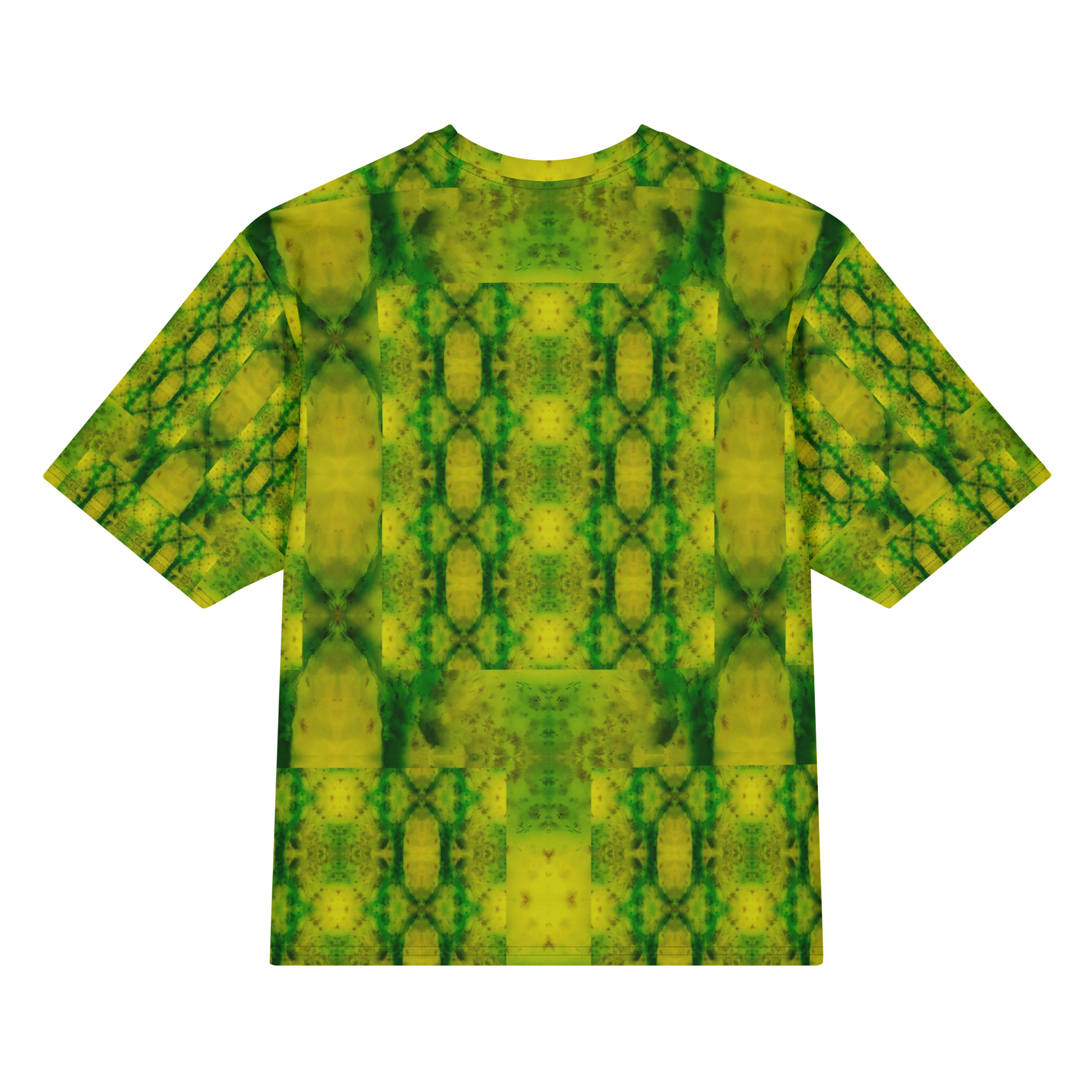 Back view of Purely Jade Light Cotton OverSized T-Shirt with yellow-green vertical lattice panels, soft jade veining, and patterned sleeve panels by RJSTH.