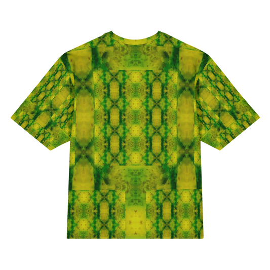 Back view of Purely Jade Light Cotton OverSized T-Shirt with yellow-green vertical lattice panels, soft jade veining, and patterned sleeve panels by RJSTH.