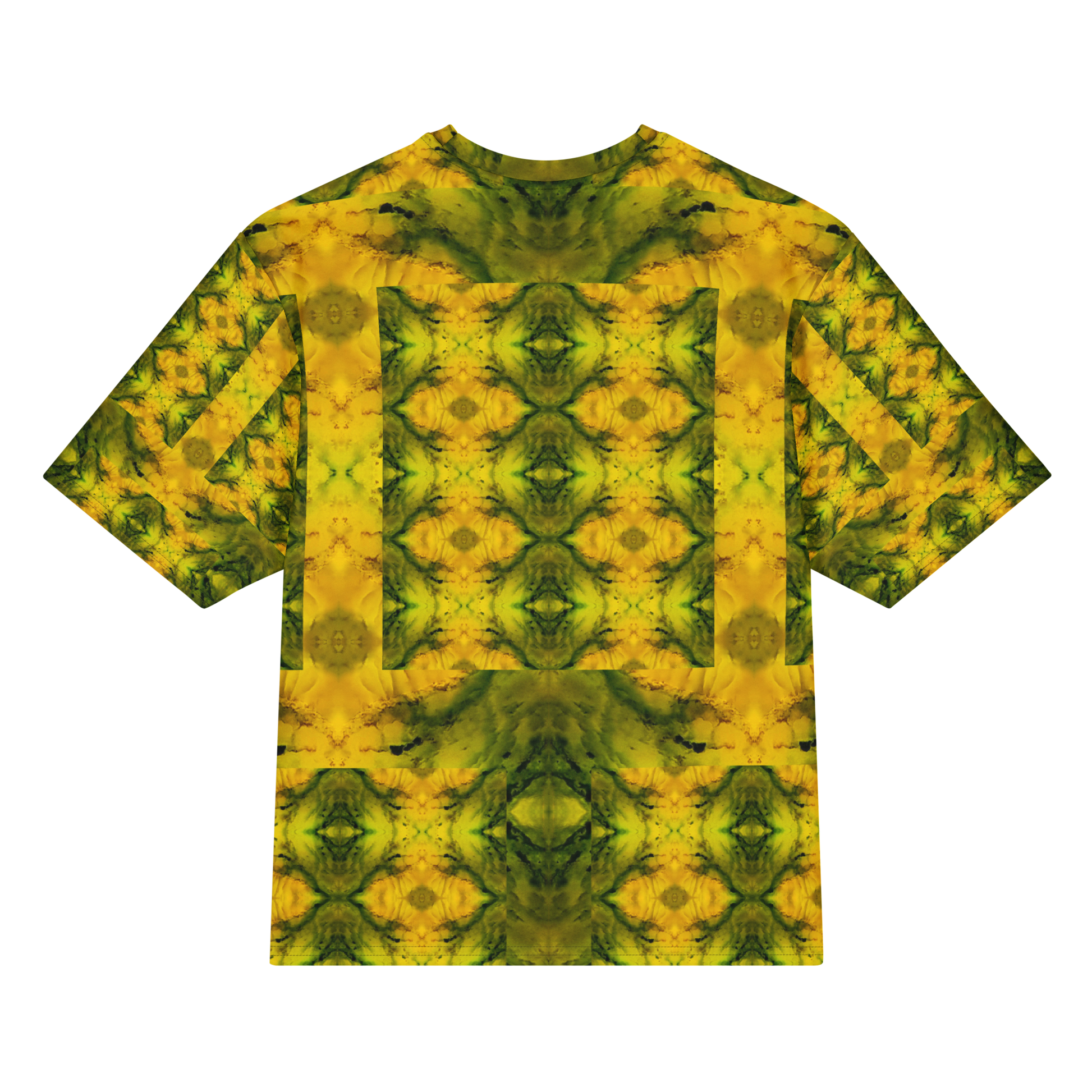 Back view of Purely Jade Light Cotton OverSized T-Shirt with yellow-gold mirrored jade panels, green medallion columns, and patterned sleeve panels by RJSTH.