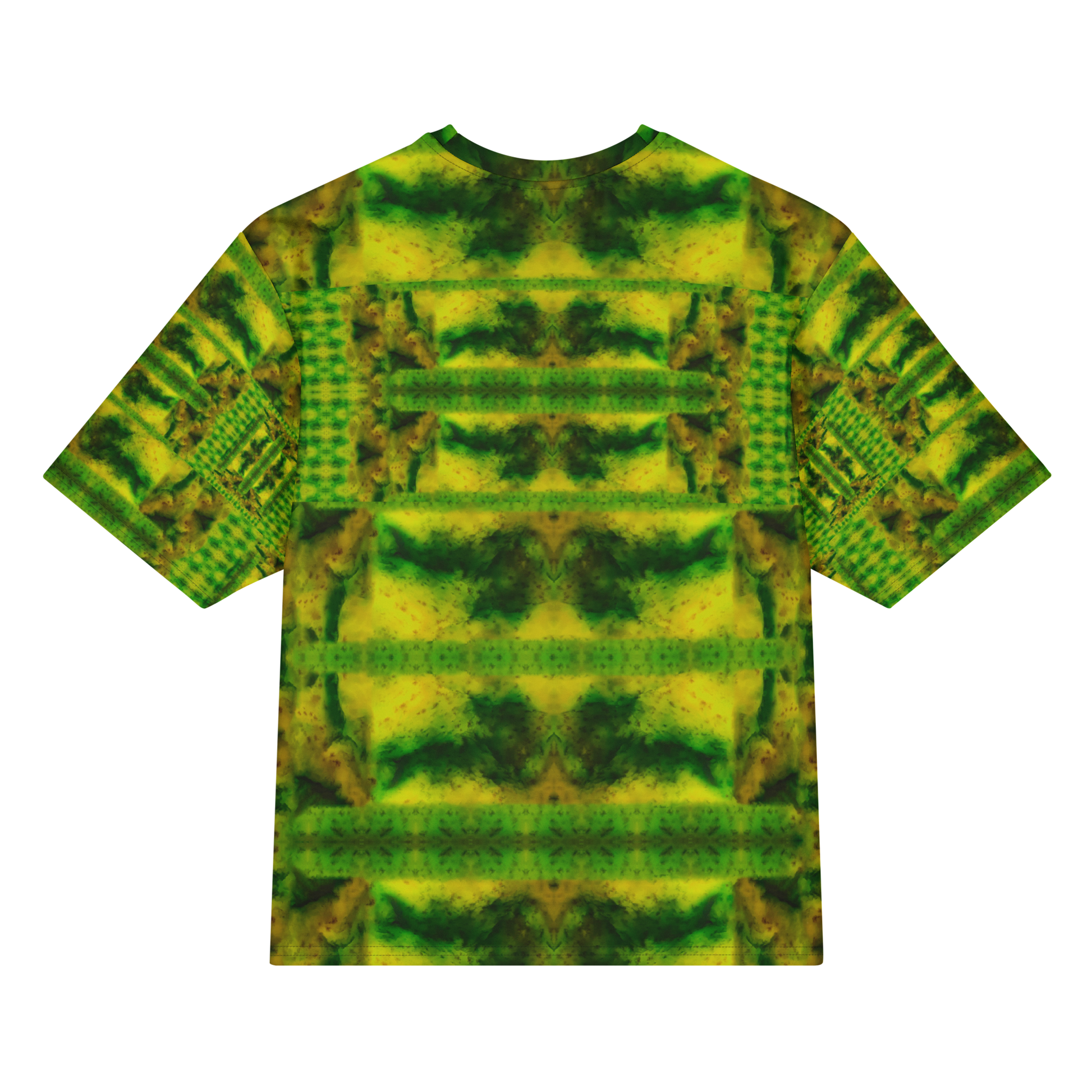 Back view of Purely Jade Light Cotton OverSized T-Shirt with green-yellow horizontal chamber bands, moss veining, and patterned sleeve panels by RJSTH.
