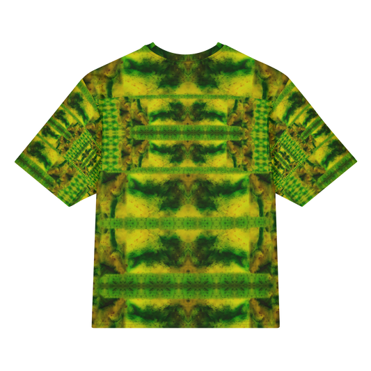 Back view of Purely Jade Light Cotton OverSized T-Shirt with green-yellow horizontal chamber bands, moss veining, and patterned sleeve panels by RJSTH.