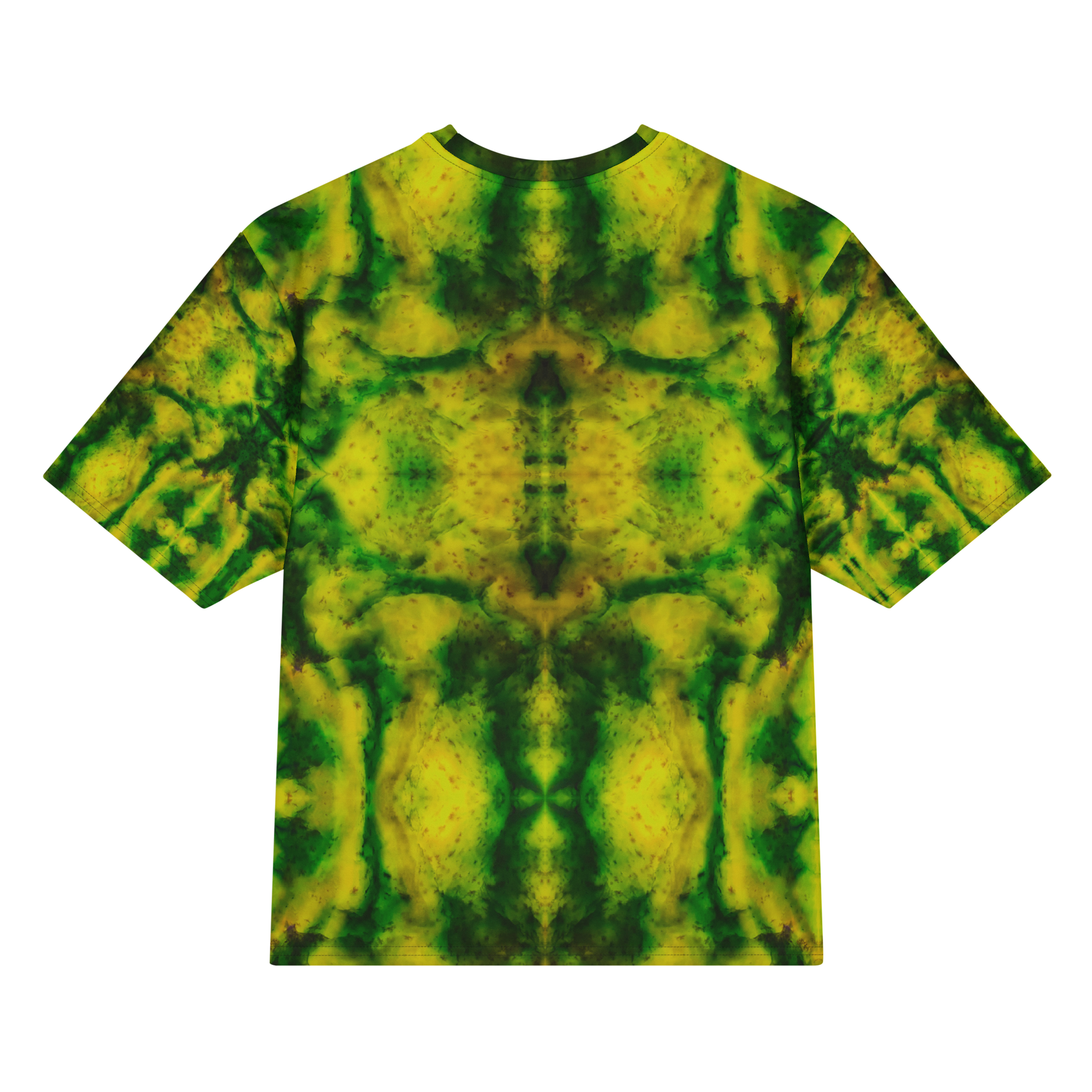 Back view of Purely Jade Light Cotton OverSized T-Shirt with green-yellow mirrored mineral field, dark central jade chamber, and mottled sleeve panels by RJSTH.