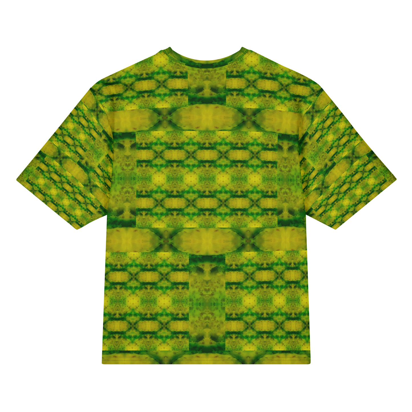 Back view of Purely Jade Light Cotton OverSized T-Shirt with yellow-green chamber lattice, broad horizontal bands, and patterned sleeve panels by RJSTH.