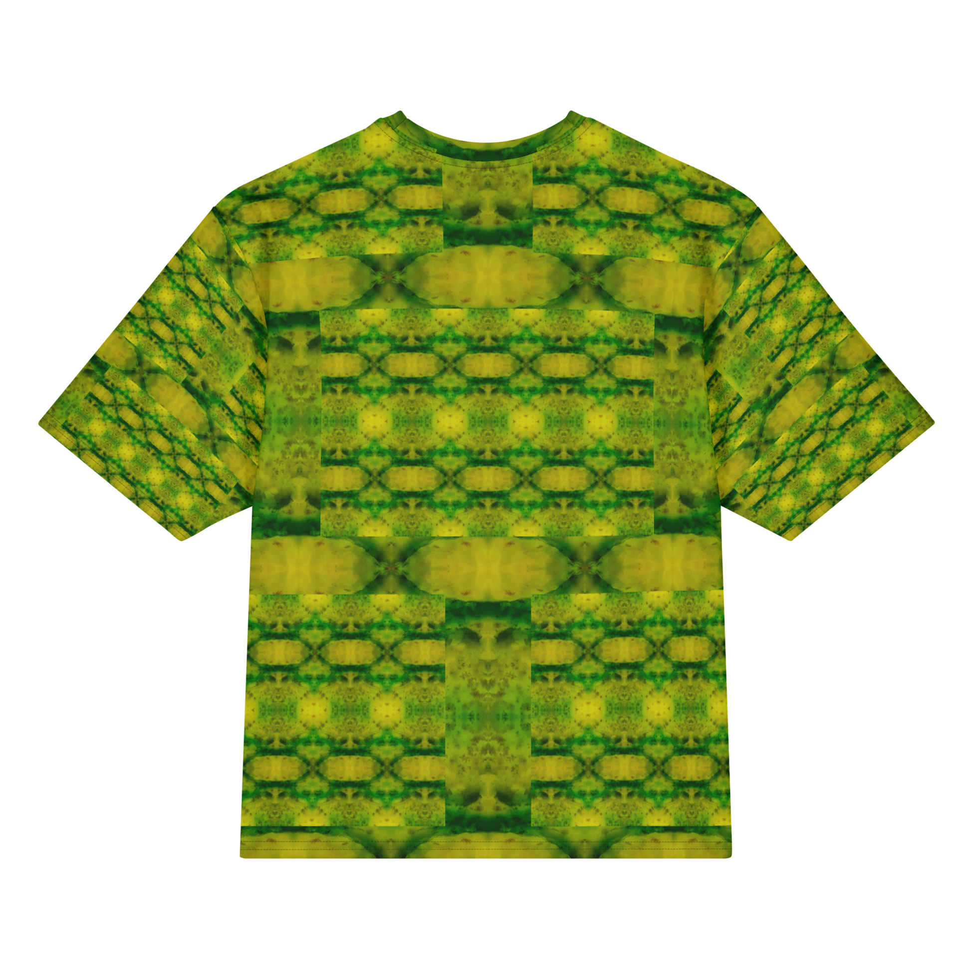 Back view of Purely Jade Light Cotton OverSized T-Shirt with yellow-green chamber lattice, broad horizontal bands, and patterned sleeve panels by RJSTH.