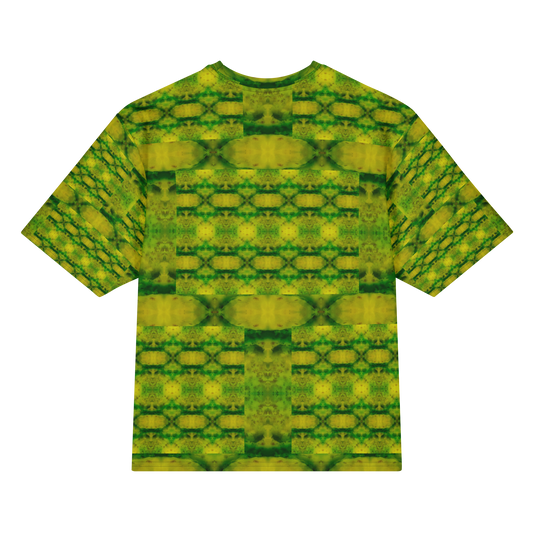 Back view of Purely Jade Light Cotton OverSized T-Shirt with yellow-green chamber lattice, broad horizontal bands, and patterned sleeve panels by RJSTH.