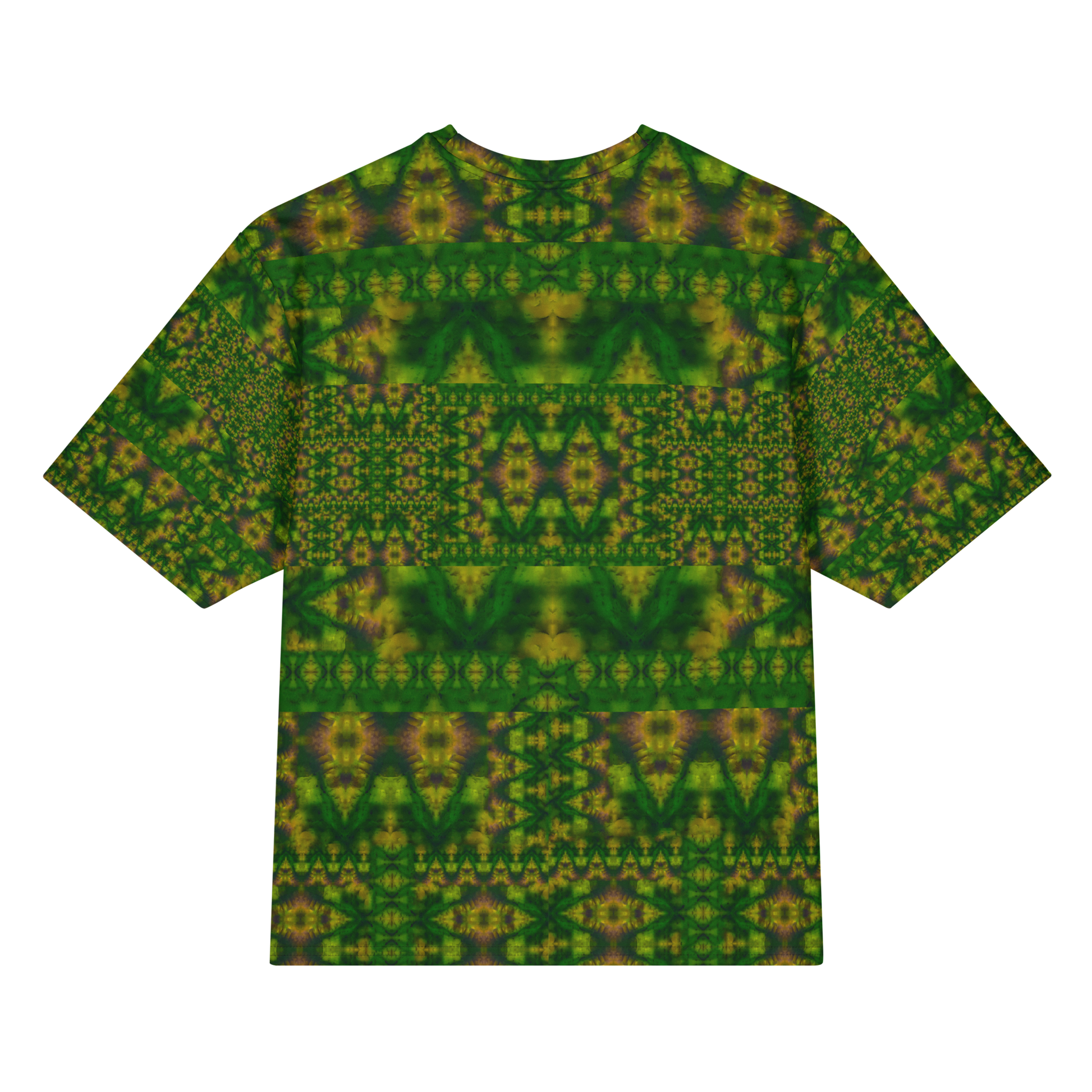 Back view of Purely Jade Light Cotton OverSized T-Shirt with dark green-and-gold mirrored lattice, horizontal chamber bands, and patterned sleeve panels by RJSTH.