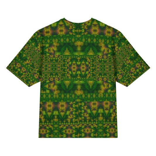Back view of Purely Jade Light Cotton OverSized T-Shirt with dark green-and-gold mirrored lattice, horizontal chamber bands, and patterned sleeve panels by RJSTH.