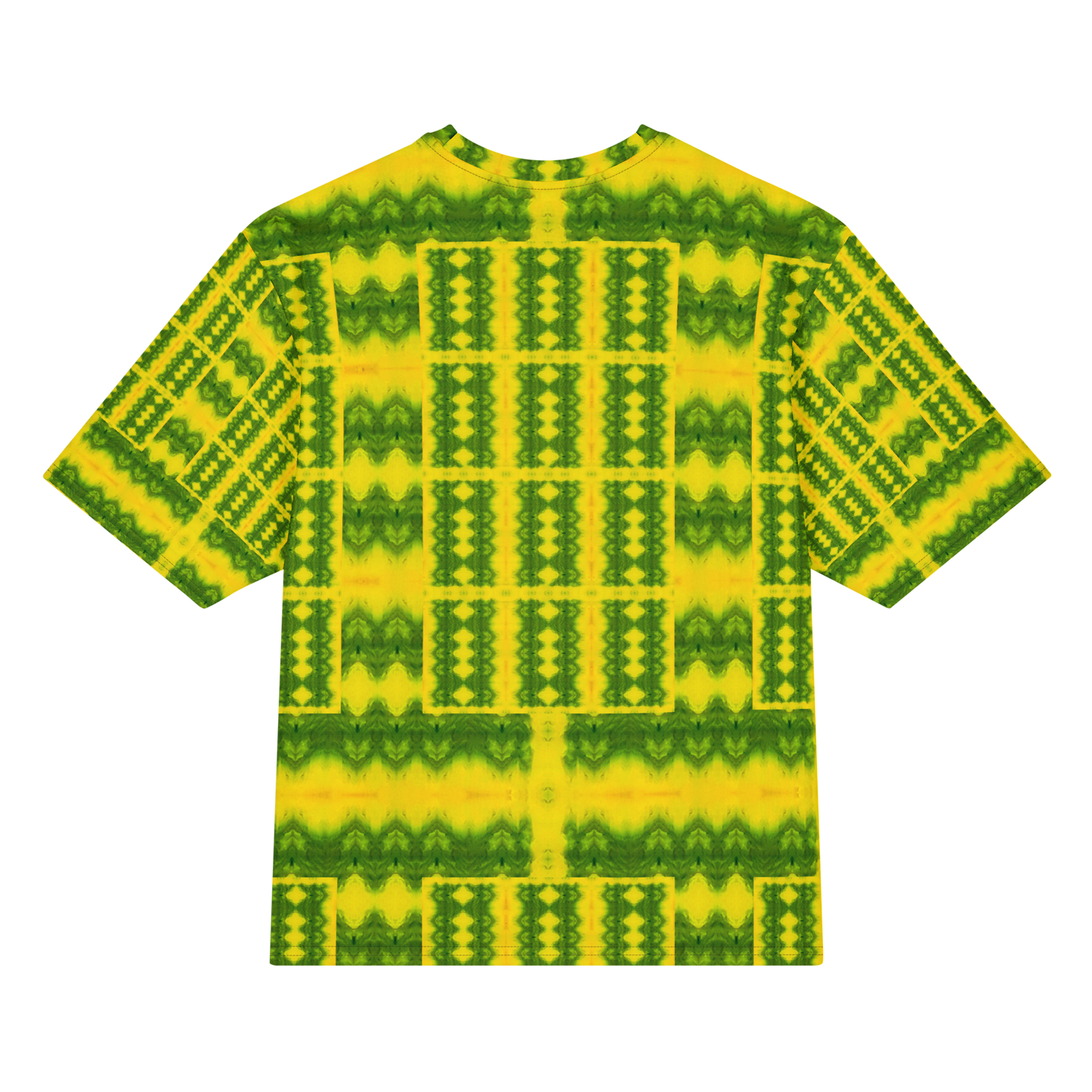 Back view of Purely Jade Light Cotton OverSized T-Shirt with bright yellow-green lattice grid, vertical column structure, and patterned sleeve panels by RJSTH.