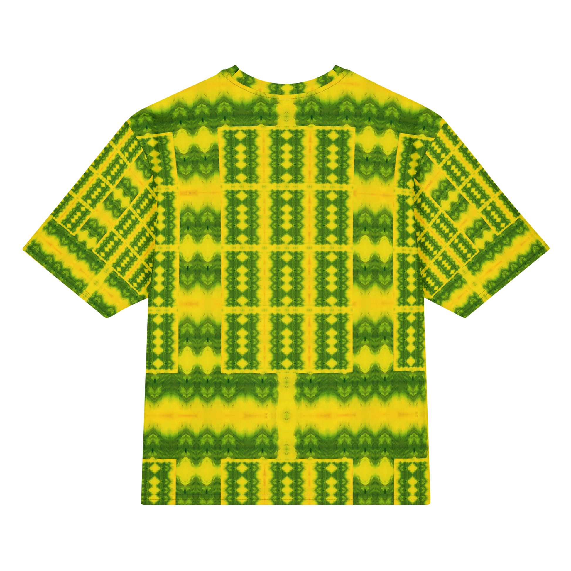 Back view of Purely Jade Light Cotton OverSized T-Shirt with bright yellow-green lattice grid, vertical column structure, and patterned sleeve panels by RJSTH.