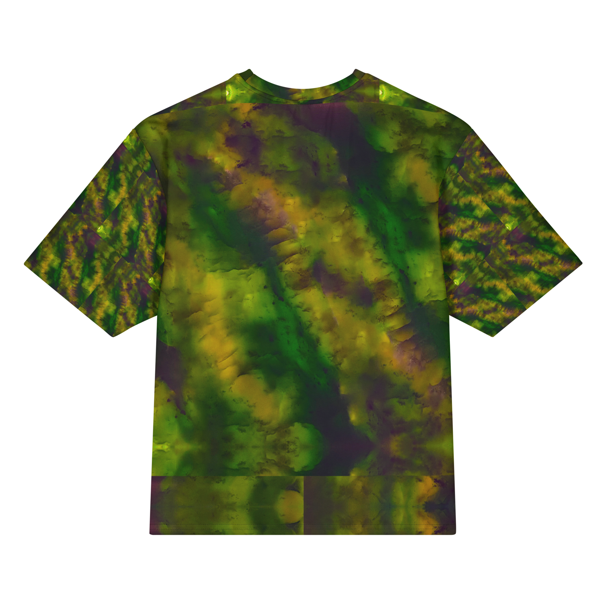 Back view of Purely Jade Light Cotton OverSized T-Shirt with dark green clouded jade field, gold-purple mineral shadows, and patterned sleeve panels by RJSTH.