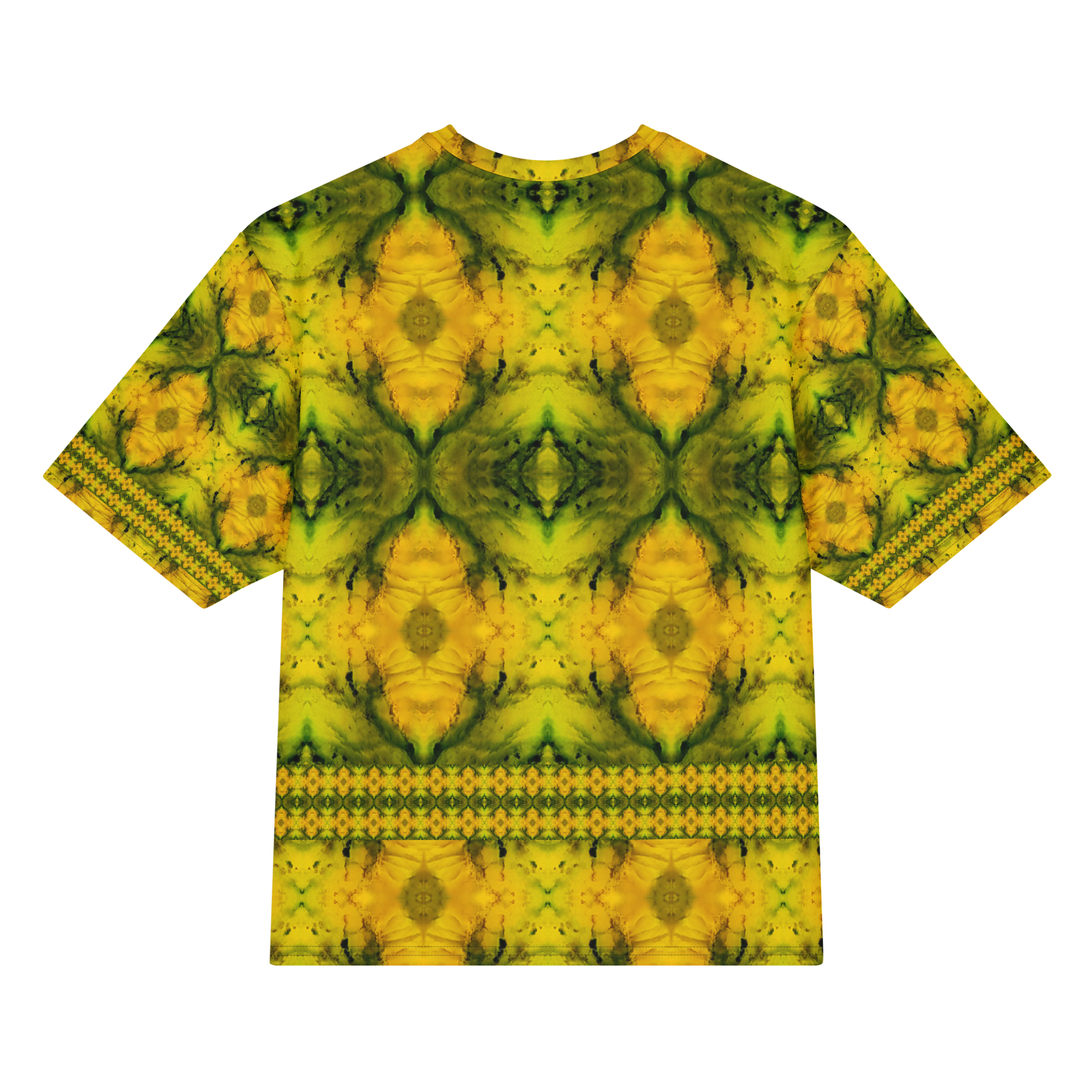 Back view of Purely Jade Light Cotton OverSized T-Shirt with yellow-gold mirrored jade blooms, horizontal lower lattice band, and patterned sleeve panels by RJSTH.