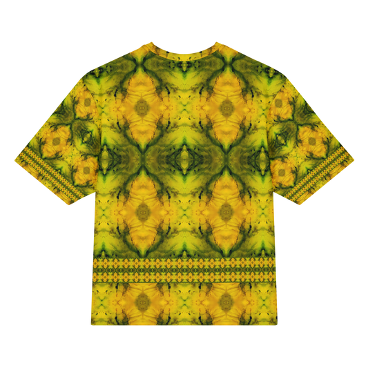 Back view of Purely Jade Light Cotton OverSized T-Shirt with yellow-gold mirrored jade blooms, horizontal lower lattice band, and patterned sleeve panels by RJSTH.