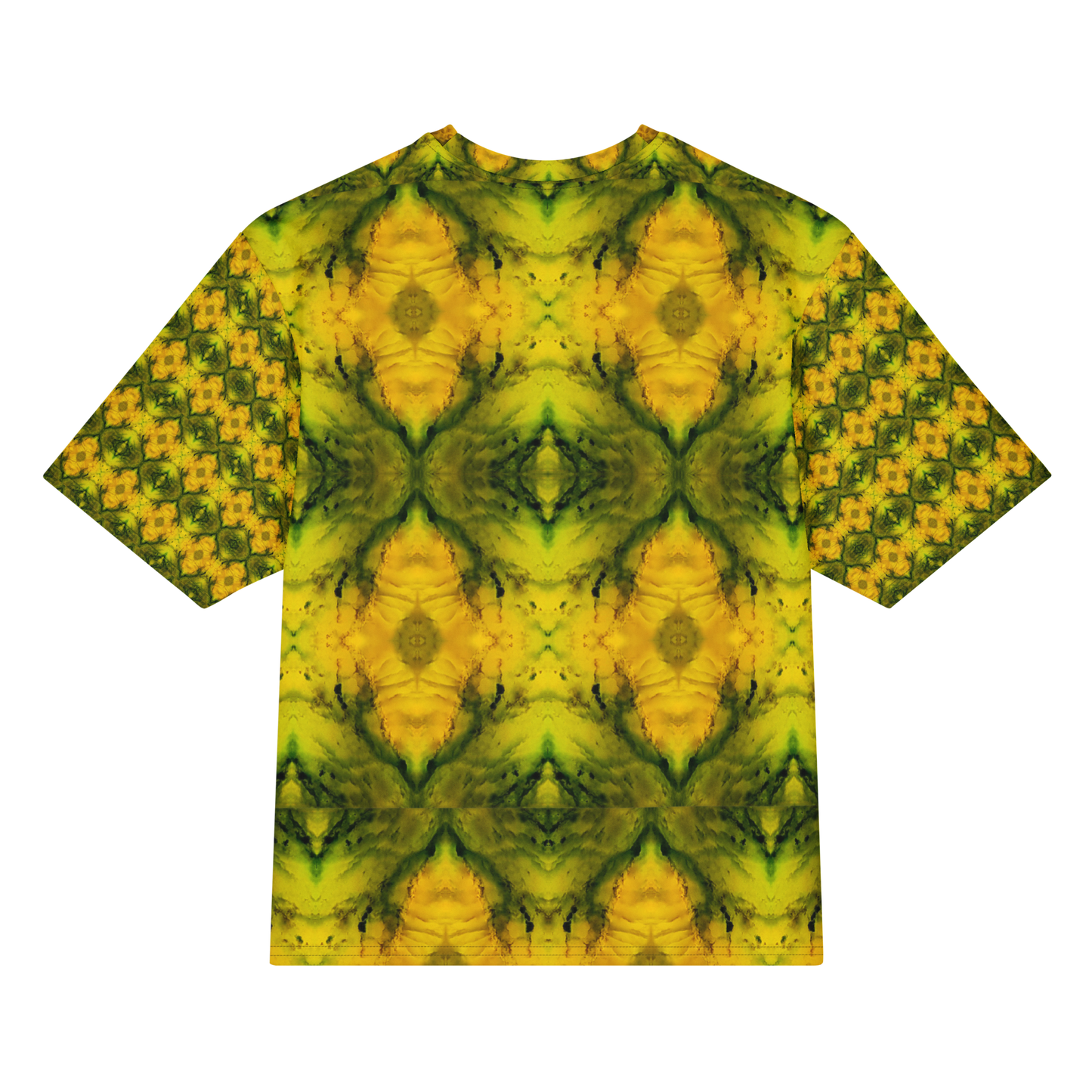Back view of Purely Jade Light Cotton OverSized T-Shirt with yellow-gold mirrored jade blooms, dark green veining, and patterned sleeve panels by RJSTH.