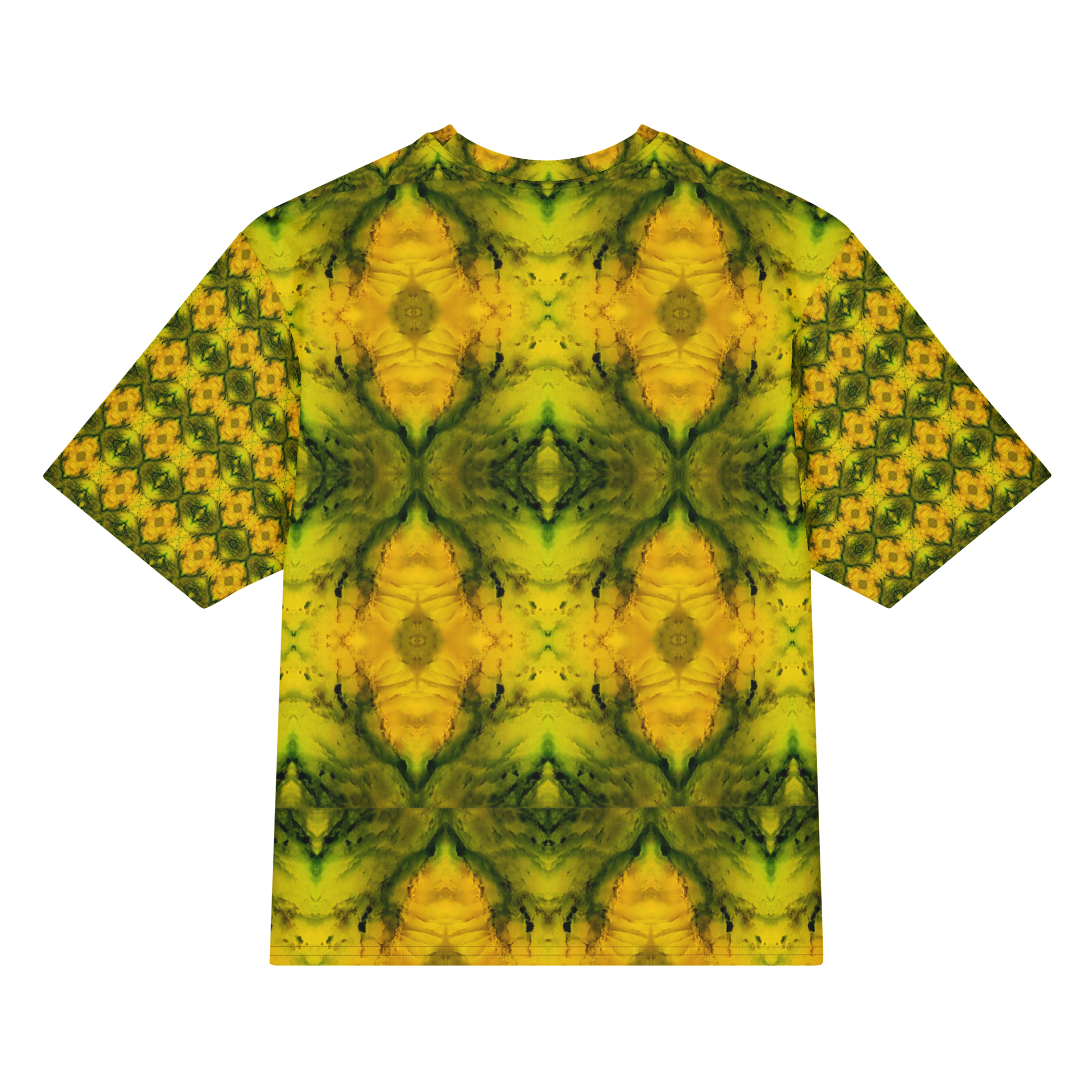 Back view of Purely Jade Light Cotton OverSized T-Shirt with yellow-gold mirrored jade blooms, dark green veining, and patterned sleeve panels by RJSTH.