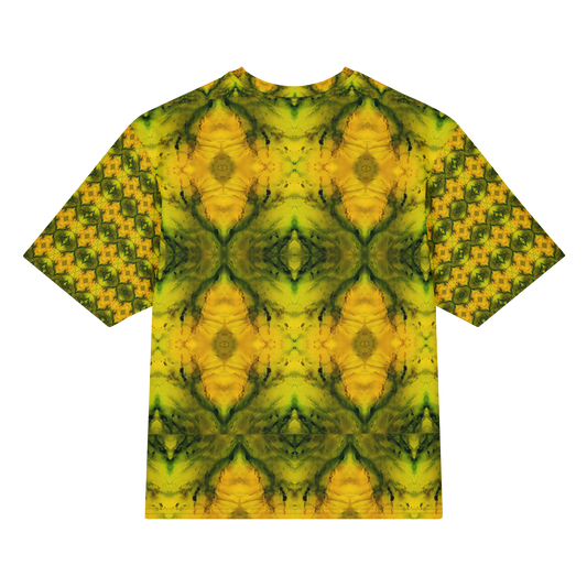 Back view of Purely Jade Light Cotton OverSized T-Shirt with yellow-gold mirrored jade blooms, dark green veining, and patterned sleeve panels by RJSTH.
