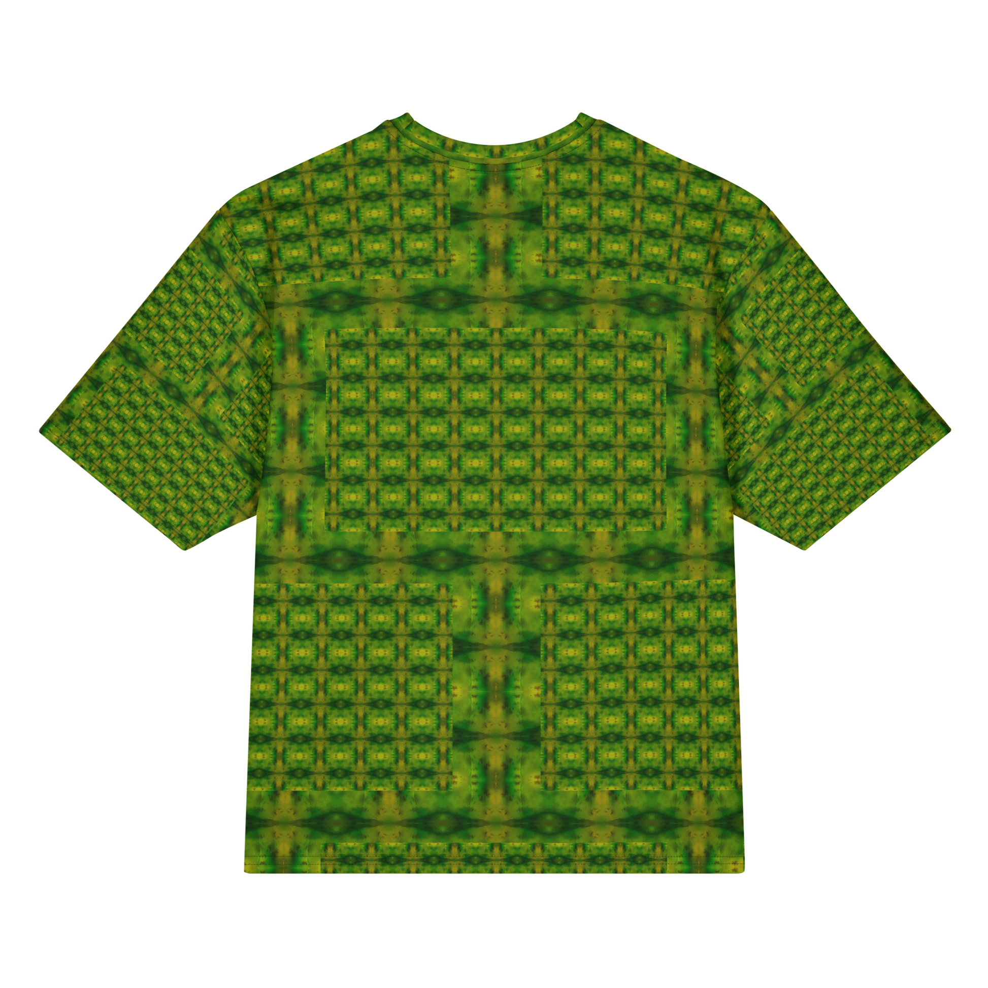Back view of Purely Jade Light Cotton OverSized T-Shirt with green lattice grid, small yellow medallions, and darker horizontal chamber bands by RJSTH.