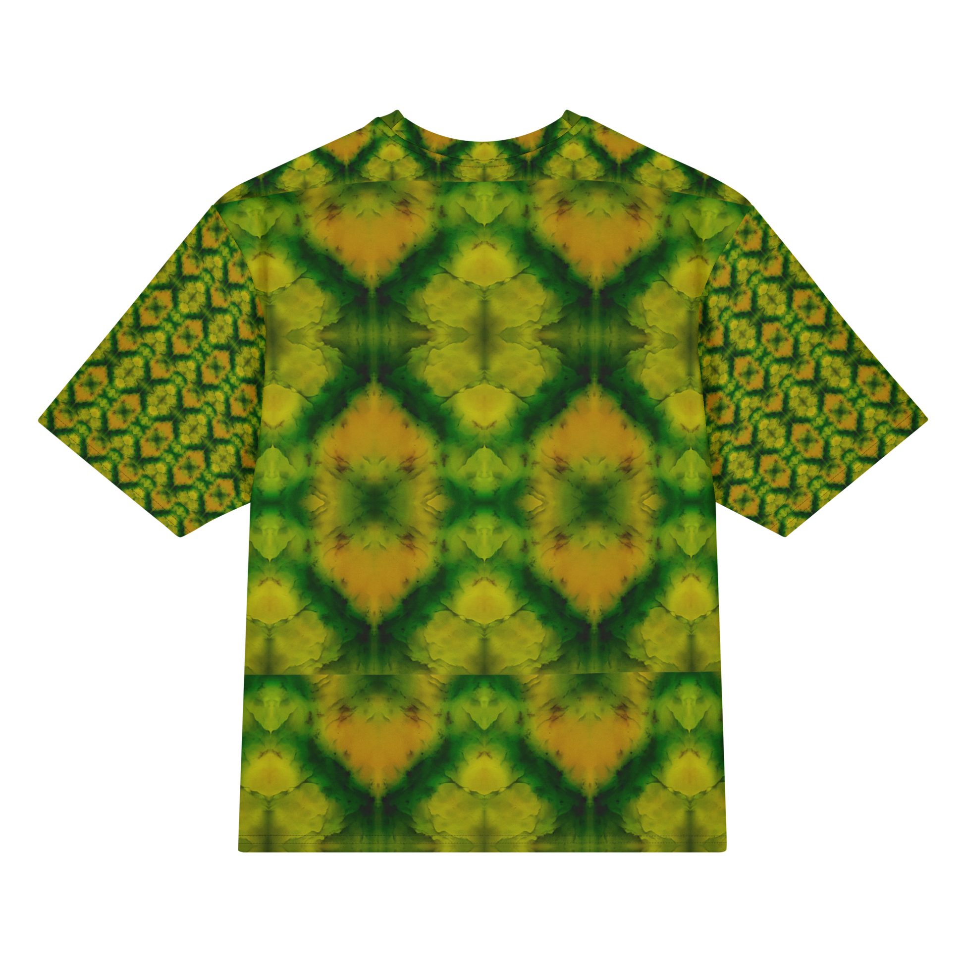 Back view of Purely Jade Light Cotton OverSized T-Shirt with large yellow-green mirrored diamond blooms, green veining, and patterned sleeve panels by RJSTH.